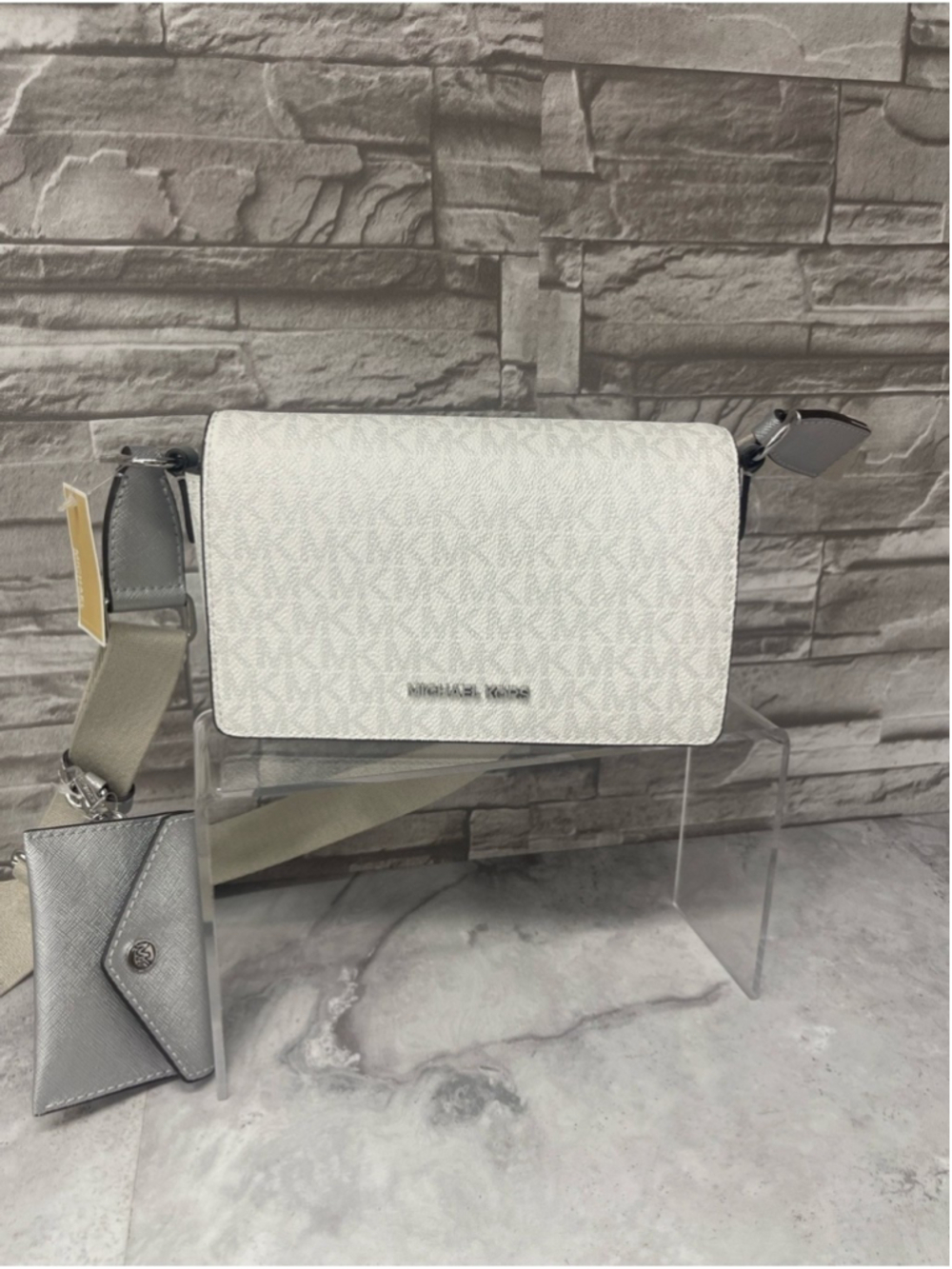 Michael Kors Vincent Crossbody MK Signature Logo + Card Case Silver/White